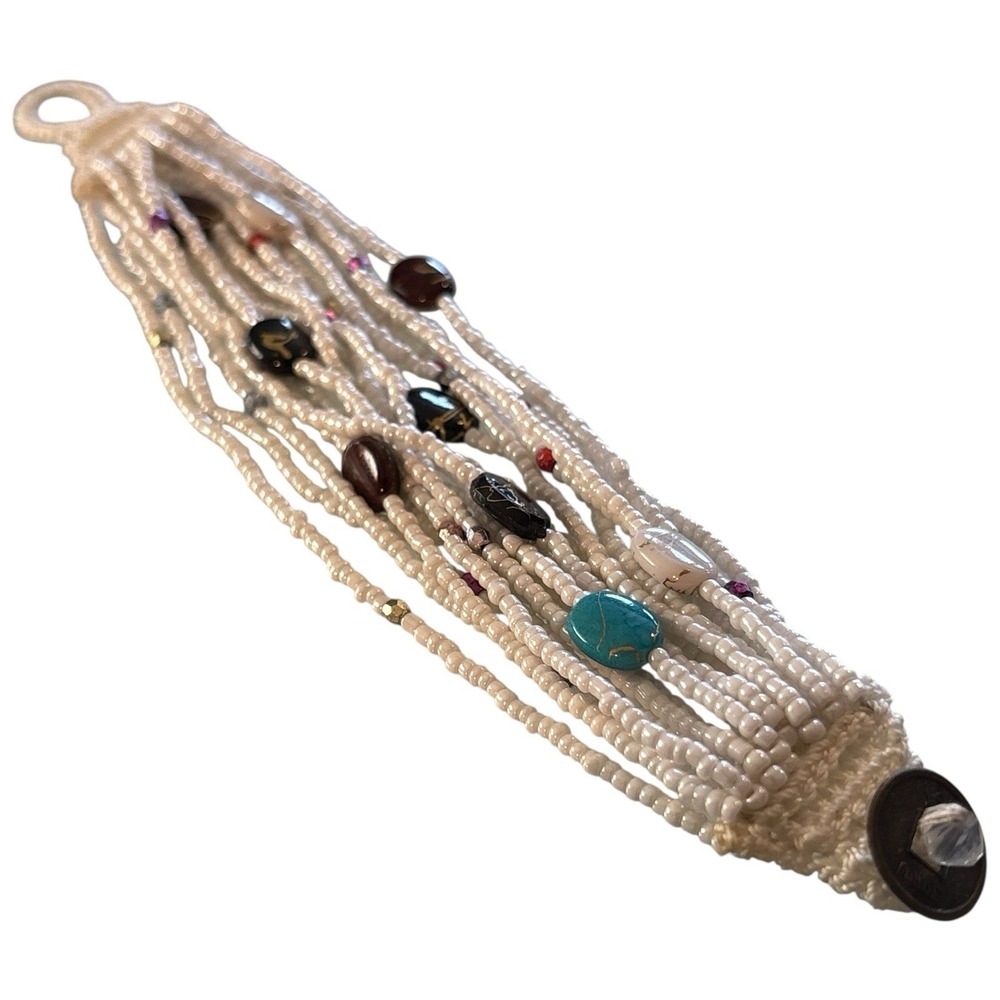 Bohemian‎ Bracelet White Seed Bead Multi Strand Ethnic Crochet Toggle Button - Picture 7 of 16